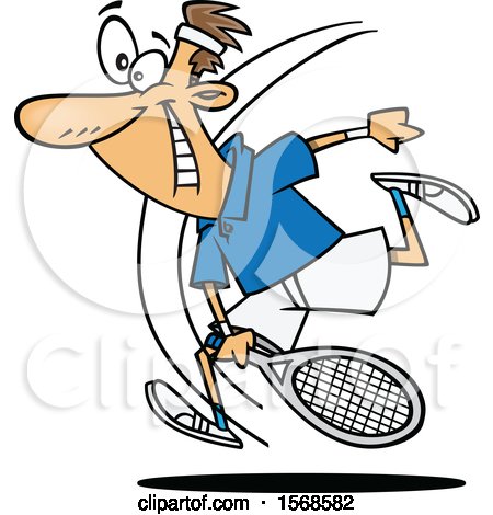 Clipart of a Cartoon Energetic Man Playing Tennis - Royalty Free Vector Illustration by toonaday