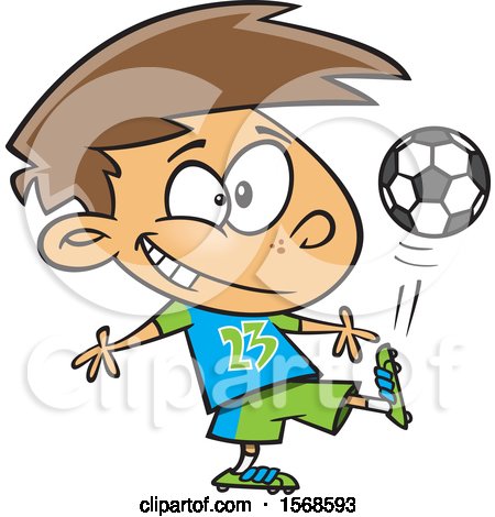 Clipart of a Cartoon Boy Kicking a Soccer Ball - Royalty Free Vector Illustration by toonaday
