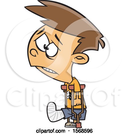 Clipart of a Cartoon Sad Boy with a Broken Leg, Using Crutches - Royalty Free Vector Illustration by toonaday