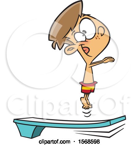 Clipart of a Cartoon Boy Bouncing on a Diving Board - Royalty Free Vector Illustration by toonaday