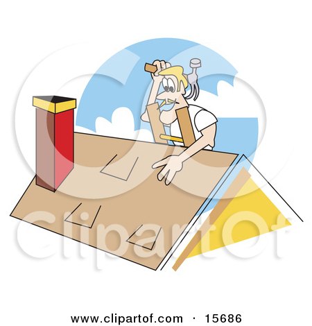Blond Male Roofer On A Ladder, Patching A Roof And Holding A Hammer Clipart Illustration by Andy Nortnik