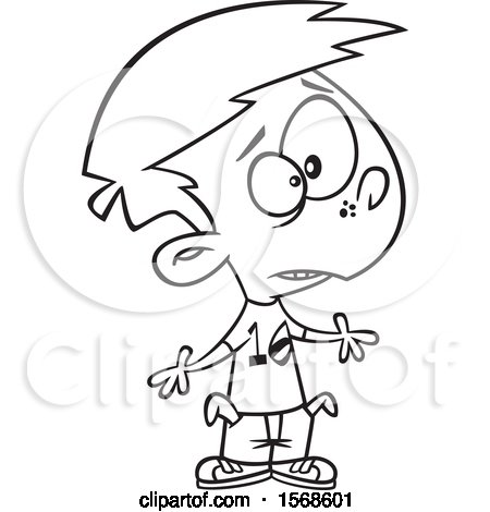 Clipart of a Cartoon Lineart Broke Boy with Empty Turned out Pockets - Royalty Free Vector Illustration by toonaday