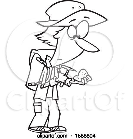 Clipart of a Cartoon Lineart Geologist Inspecting a Rock - Royalty Free Vector Illustration by toonaday