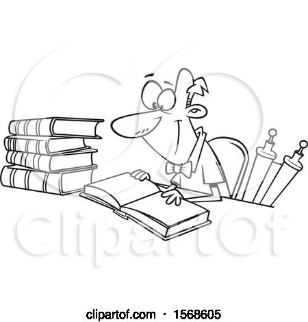 Clipart of a Cartoon Lineart Male Historian Reading a Book - Royalty Free Vector Illustration by toonaday