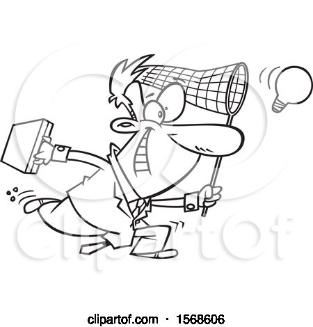 Clipart of a Cartoon Lineart Entrepeneur Business Man Chasing an Idea - Royalty Free Vector Illustration by toonaday