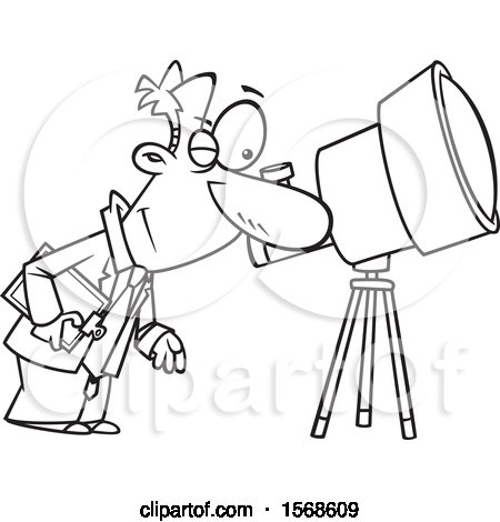 Clipart of a Cartoon Lineart Male Astronomer Viewing Through a Telescope - Royalty Free Vector Illustration by toonaday