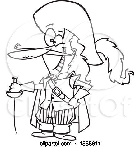 Clipart of a Cartoon Lineart Man with a Sword and Long Nose, Savinien De Cyrano De Bergerac - Royalty Free Vector Illustration by toonaday