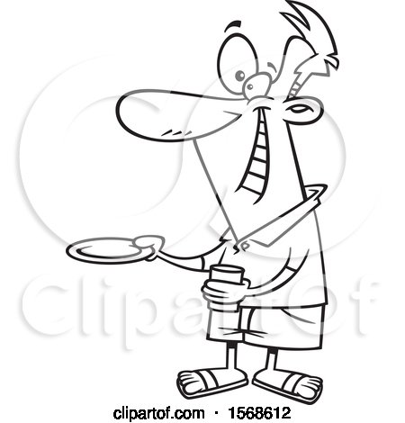 Clipart of a Cartoon Lineart Happy Man Holding out a Plate for a Burger - Royalty Free Vector Illustration by toonaday