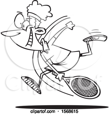Clipart of a Cartoon Lineart Black Female Tennis Player Swinging Her Racket - Royalty Free Vector Illustration by toonaday