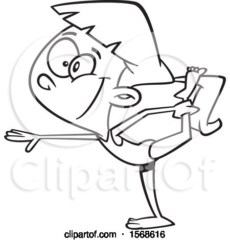 Clipart of a Cartoon Lineart Girl Stretching in Gymnastics - Royalty Free Vector Illustration by toonaday