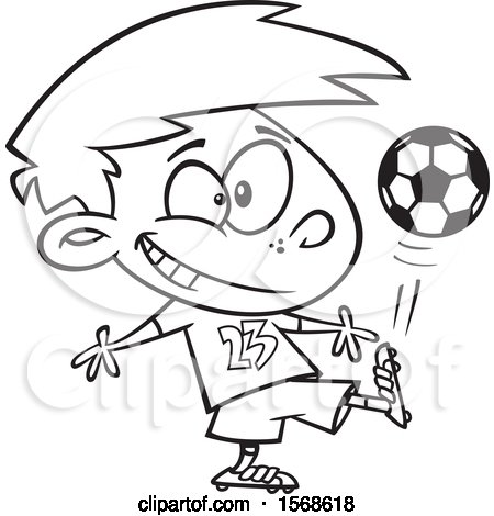 Clipart of a Cartoon Lineart Boy Kicking a Soccer Ball - Royalty Free Vector Illustration by toonaday