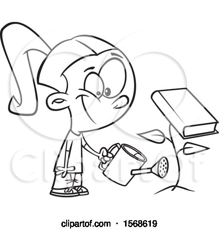 Clipart of a Cartoon Lineart Girl Watering a Book Plant - Royalty Free Vector Illustration by toonaday