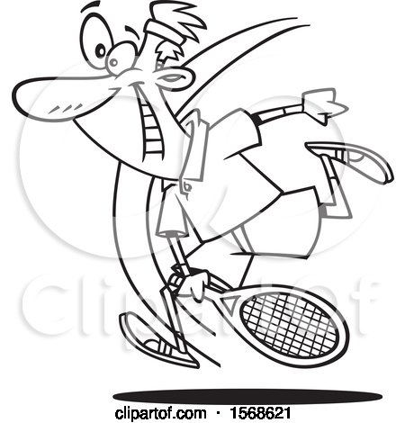 Clipart of a Cartoon Lineart Energetic Man Playing Tennis - Royalty Free Vector Illustration by toonaday