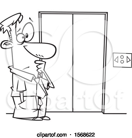 Clipart of a Cartoon Lineart Business Man at an Elevator That Moves Sideways - Royalty Free Vector Illustration by toonaday