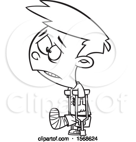 Clipart of a Cartoon Lineart Sad Boy with a Broken Leg, Using Crutches - Royalty Free Vector Illustration by toonaday