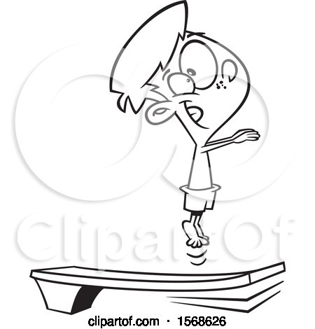 Clipart of a Cartoon Lineart Boy Bouncing on a Diving Board - Royalty Free Vector Illustration by toonaday