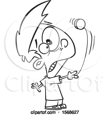 Clipart of a Cartoon Lineart Boy Bonking His Head with a Yoyo - Royalty Free Vector Illustration by toonaday