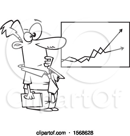 Clipart of a Cartoon Lineart Economist Business Man Viewing a Growth and Decline Chart - Royalty Free Vector Illustration by toonaday