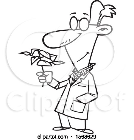 Clipart of a Cartoon Lineart Male Biologist Holding a Plant - Royalty Free Vector Illustration by toonaday