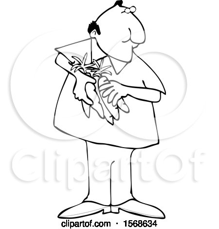 Clipart of a Cartoon Lineart Man Holding Carrots - Royalty Free Vector Illustration by djart