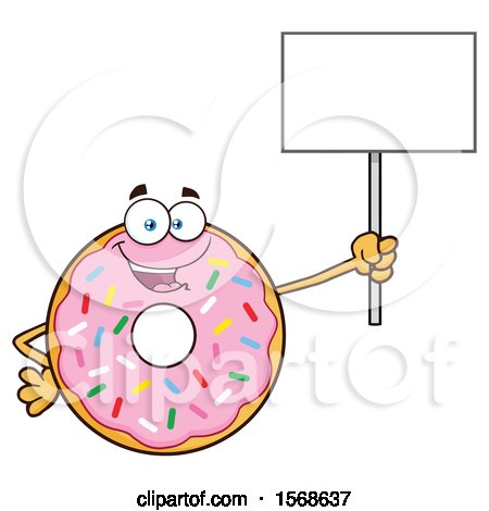 Clipart of a Cartoon Pink Glazed and Sprinkle Donut Mascot Holding up a Blank Sign - Royalty Free Vector Illustration by Hit Toon