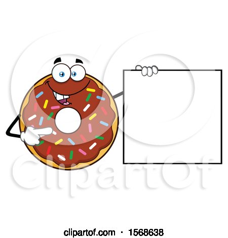Clipart of a Cartoon Chocolate Glazed and Sprinkle Donut Mascot Holding up a Blank Sign - Royalty Free Vector Illustration by Hit Toon
