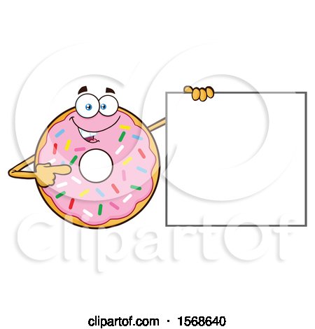 Clipart of a Cartoon Pink Glazed and Sprinkle Donut Mascot Pointing to a Blank Sign - Royalty Free Vector Illustration by Hit Toon