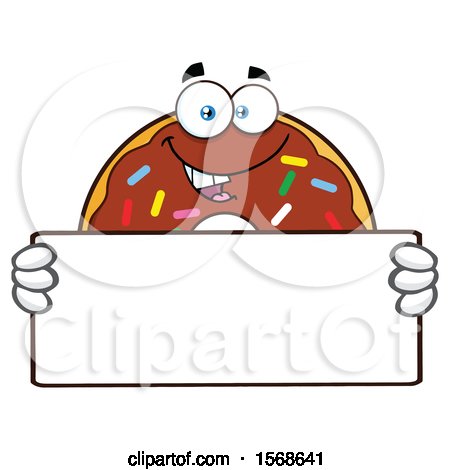 Clipart of a Cartoon Chocolate Glazed and Sprinkle Donut Mascot Holding a Blank Sign - Royalty Free Vector Illustration by Hit Toon