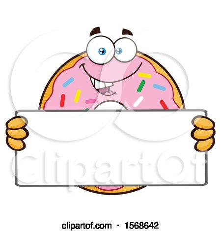 Clipart of a Cartoon Pink Glazed and Sprinkle Donut Mascot Holding a Blank Sign - Royalty Free Vector Illustration by Hit Toon