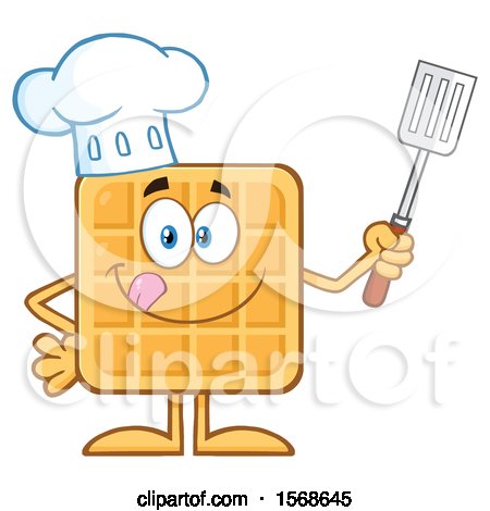 Clipart of a Cartoon Waffle Mascot Chef Character Holding a Spatula - Royalty Free Vector Illustration by Hit Toon