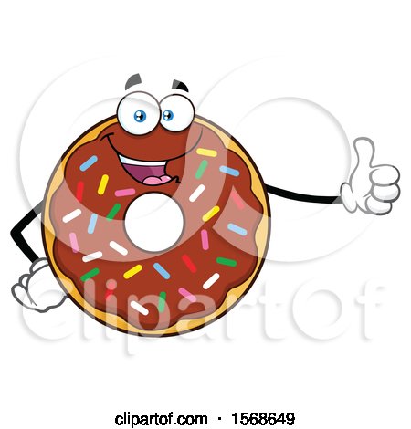 Clipart of a Cartoon Chocolate Glazed and Sprinkle Donut Mascot Giving a Thumb up - Royalty Free Vector Illustration by Hit Toon