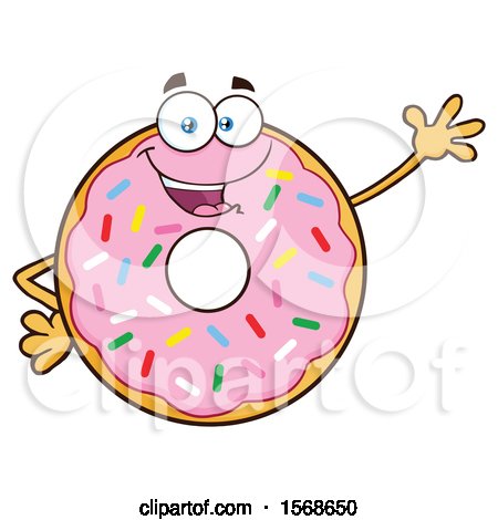 Clipart of a Cartoon Pink Glazed and Sprinkle Donut Mascot Waving - Royalty Free Vector Illustration by Hit Toon