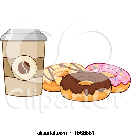 Clipart of a Cartoon Take out Coffee Cup and Donuts - Royalty Free Vector Illustration by Hit Toon