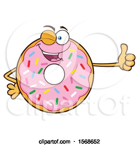 Clipart of a Cartoon Pink Glazed and Sprinkle Donut Mascot Giving a Thumb up - Royalty Free Vector Illustration by Hit Toon