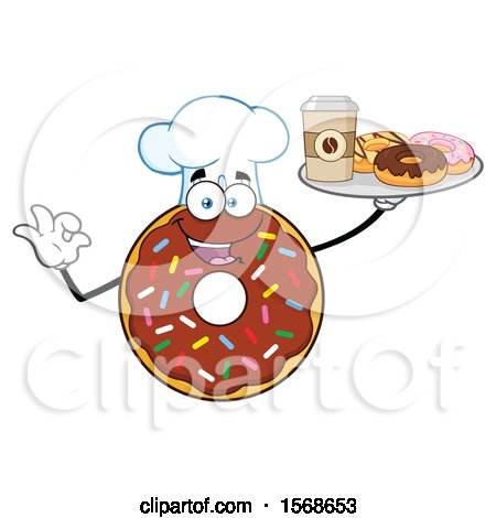 Clipart of a Cartoon Chocolate Glazed and Sprinkle Donut Mascot Holding a Tray of Donuts and Coffee - Royalty Free Vector Illustration by Hit Toon