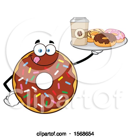 Clipart of a Cartoon Chocolate Glazed and Sprinkle Donut Mascot Holding a Tray of Donuts and Coffee - Royalty Free Vector Illustration by Hit Toon