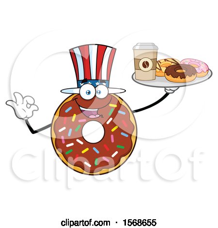 Clipart of a Cartoon American Chocolate Glazed and Sprinkle Donut Mascot Holding a Tray of Donuts and Coffee - Royalty Free Vector Illustration by Hit Toon