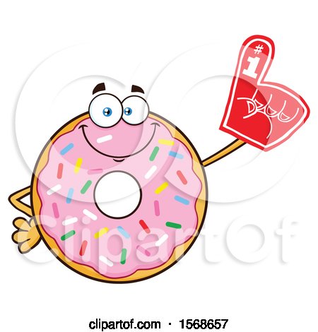 Clipart of a Cartoon Pink Glazed and Sprinkle Donut Mascot Wearing a Foam Finger - Royalty Free Vector Illustration by Hit Toon