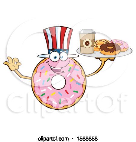 Clipart of a Cartoon American Pink Glazed and Sprinkle Donut Mascot Holding a Tray of Donuts and Coffee - Royalty Free Vector Illustration by Hit Toon