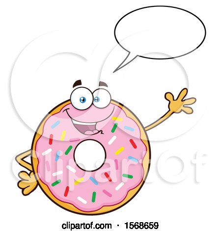 Clipart of a Cartoon Pink Glazed and Sprinkle Donut Mascot Talking and Waving - Royalty Free Vector Illustration by Hit Toon