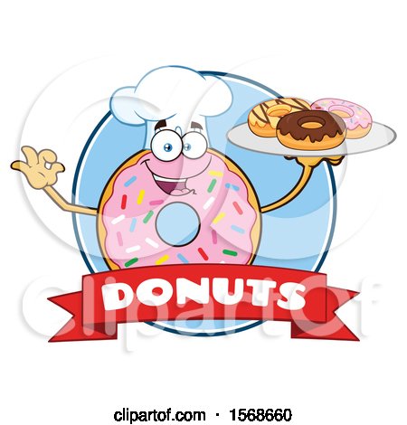 Clipart of a Cartoon Logo of a Pink Glazed and Sprinkle Donut Mascot Holding a Tray of Donuts - Royalty Free Vector Illustration by Hit Toon