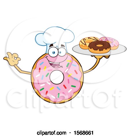 Clipart of a Cartoon Pink Glazed and Sprinkle Donut Mascot Chef Holding a Tray of Donuts - Royalty Free Vector Illustration by Hit Toon