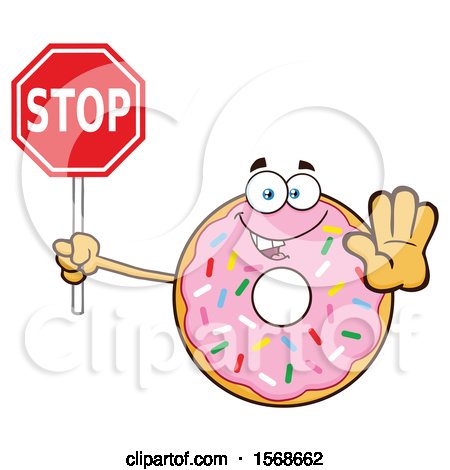 Clipart of a Cartoon Pink Glazed and Sprinkle Donut Mascot Holding a Stop Sign - Royalty Free Vector Illustration by Hit Toon