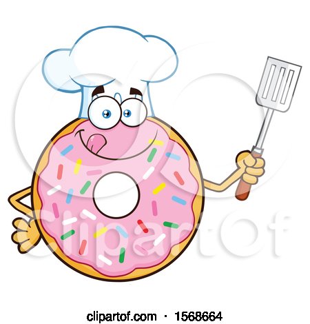 Clipart of a Cartoon Pink Glazed and Sprinkle Donut Mascot Chef Holding a Spatula - Royalty Free Vector Illustration by Hit Toon