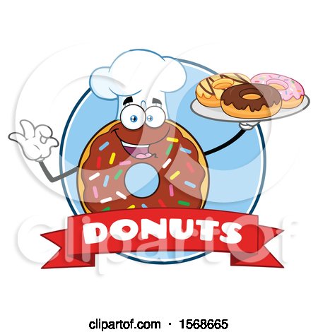 Clipart of a Cartoon Logo of a Chocolate Glazed and Sprinkle Donut Mascot Holding a Tray of Donuts and Coffee - Royalty Free Vector Illustration by Hit Toon