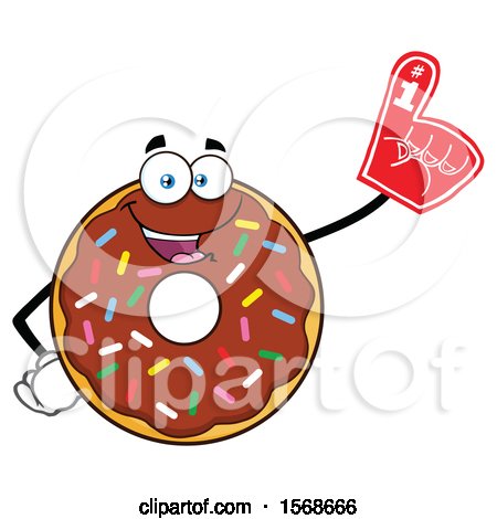 Clipart of a Cartoon Chocolate Glazed and Sprinkle Donut Mascot Wearing a Foam Finger - Royalty Free Vector Illustration by Hit Toon