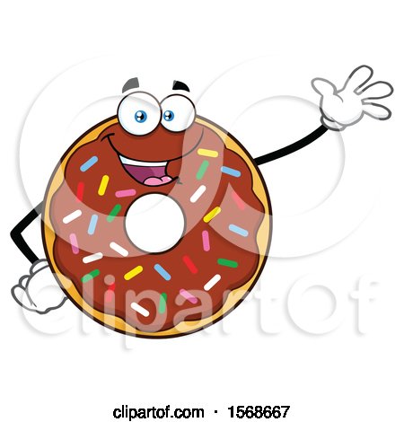 Clipart of a Cartoon Chocolate Glazed and Sprinkle Donut Mascot Waving - Royalty Free Vector Illustration by Hit Toon