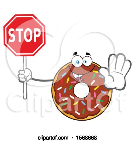 Clipart of a Cartoon Chocolate Glazed and Sprinkle Donut Mascot Holding a Stop Sign - Royalty Free Vector Illustration by Hit Toon