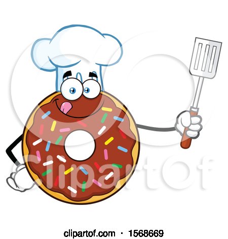 Clipart of a Cartoon Chocolate Glazed and Sprinkle Donut Mascot Chef Holding a Spatula - Royalty Free Vector Illustration by Hit Toon