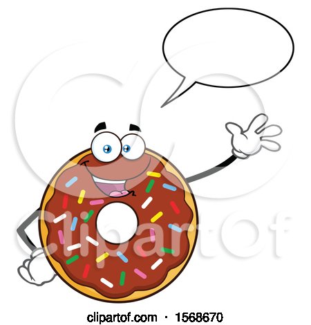 Clipart of a Cartoon Chocolate Glazed and Sprinkle Donut Mascot Talking and Waving - Royalty Free Vector Illustration by Hit Toon